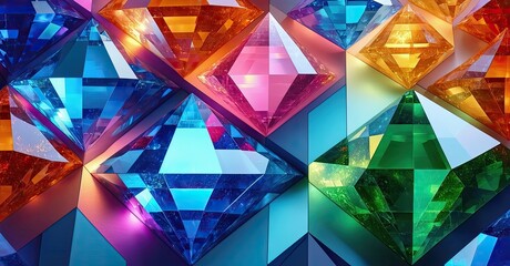 Aufkleber - Abstract geometric shapes, vibrant colors, light reflections create dazzling visual experience. Complex patterns, sharp angles dominate composition.