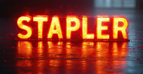 Aufkleber - Fiery text spelling stapler. Bright orange glow reflects on dark surface. Dramatic lighting creates intense visual impact.