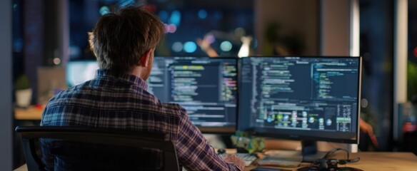the programmer focused on coding with multiple computer screens at night.