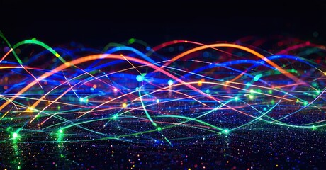 Leinwandbilder - Bright colorful lines intersect over dark background. Numerous glowing dots create abstract digital landscape. Vivid energy radiates throughout image.