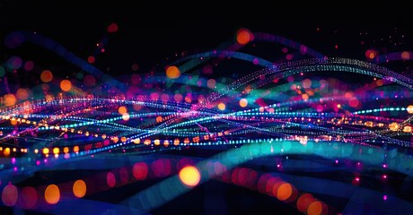 Aufkleber - Abstract flowing lines, vibrant colors, dark background. Digital illustration suggests energy, movement, connectivity. Bright dots create dynamic visual effect.