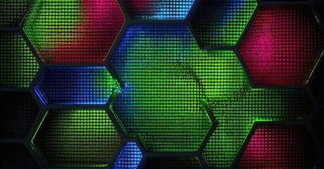 Aufkleber - Hexagonal pattern, vibrant colors, glowing lights, dark background. Modern design, digital texture, abstract composition.