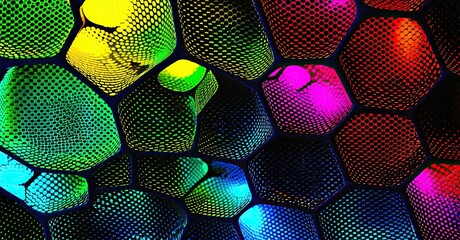 Aufkleber - Colorful honeycomb structure. Bright hues blend, creating vibrant pattern. Dark background emphasizes hexagonal cells. Vivid, abstract design.