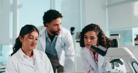 Poster - Scientist, people and happy with laptop, team and discussion for medical research project. Man, women and computer with results, report and solution for vaccine development with pharma study at lab