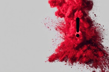 Aufkleber - Bold Red Exclamation Mark Emerges From a Cloud of Vibrant Red Powder Against a Neutral Background