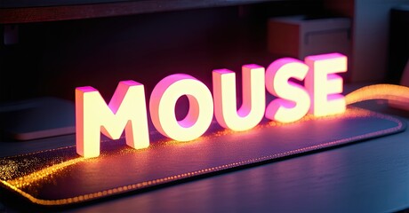 Aufkleber - Bright neon word MOUSE rests upon illuminated pad. Dark background suggests gaming setup, vibrant colors dominate scene.