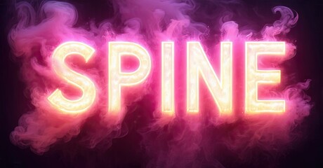 Aufkleber - Glowing text spells SPINE amid swirling pink smoke. Dramatic lighting creates intense visual impact. Bold typography dominates dark background.