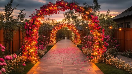 Poster - Colorful flower arches adorned with lights outline a beautiful path in a garden at sunset, while scattered petals enhance the enchanting atmosphere.