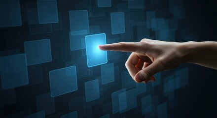 Hand touching futuristic blue interface screen