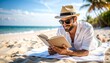 © David Andres - Un hombre joven con sombrero de paja y gafas de sol tumbado sobre una toalla en una playa y leyendo un libro. Vacaciones y relax