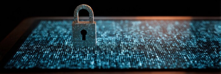 Poster - Data Security Concept Featuring Padlock Made of Binary Code on Digital Tablet Screen With Dark Background