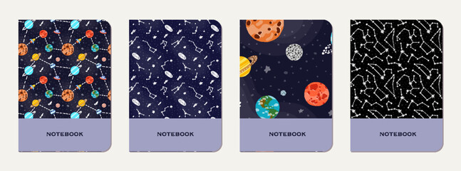 Wall Mural - School notebook cover design with cartoon galaxy.