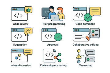 Programming collaboration tools icons in flat design style