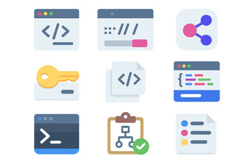 Colorful web development icons featuring code, keys, and network symbols