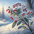 © JSM Gallery - Winter landscape painting showing a holly branch covered in frost and snow with red berries in a snowy field