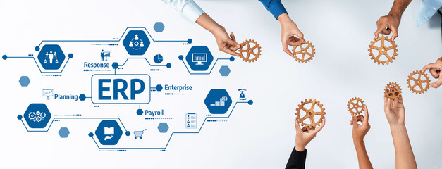 Poster - A visually engaging representation of hands working together with gears, showcasing collaborative efforts in implementing ERP solutions for improved business processes. Amity