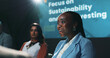 © peopleimages.com - Speaker, panel and discussion with business woman at summit for environment, team and conference. Collaboration, sustainability and future investing with employees on stage for seminar and event