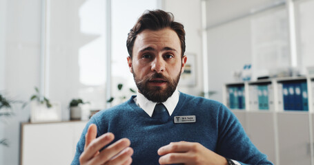 Aufkleber - Video call, man and portrait of doctor in hospital with telehealth service for consultation. Medical support, advice and general practitioner with virtual contact for healthcare checkup in clinic POV