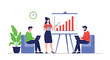 © meeblues - flat vector illustration: A people delivers a business presentation, pointing to a bar graph displaying growth, while two colleagues work on laptops, highlighting progress and data analysis