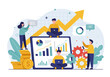 © meeblues - Collaborative flat vector illustration: A team analyzes business growth charts, currency stacks, and gears, working on a large tablet with a rising arrow. Represents teamwork and financial success