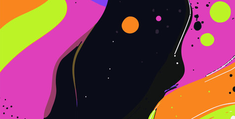 Aufkleber - Abstract vector illustration with bold style: vivid pink, neon green, orange, black, and purple flowing organic shapes and paint splatters. Eye-catching, playful, energetic pop art image.