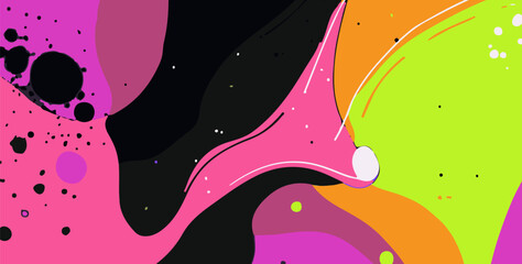 Aufkleber - Abstract vector illustration with bold style: vivid pink, neon green, orange, black, and purple flowing organic shapes and paint splatters. Eye-catching, playful, energetic pop art image.