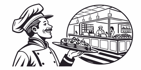 happy baker serving delicious cakes in a stylish bakery shop a perfect scalable graphic for branding