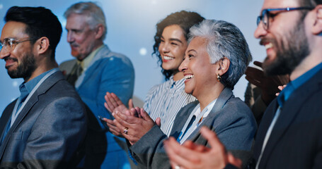 Poster - Business people, applause and crowd with smile, conference and celebration with kpi target. Group, employees and audience in seminar, clapping and success with achievement, event and cheering