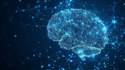 Wall Mural - digital wireframe brain with neural network connections on dark background