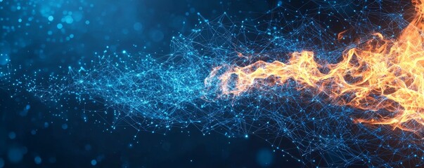 Wall Mural - abstract digital blue wireframe pattern with dynamic waves and particles