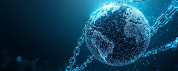 Wall Mural - futuristic wireframe globe with digital connections and chains symbolizing global network and securi