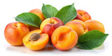 A collection of ripe apricots sits with vibrant green leaves, highlighting their juicy orange flesh and inviting texture. Perfect for summer recipes and healthy snacks