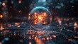 © Alunn cans - A glowing atom sphere, suspended over a circuit board.  Dynamic lighting and bokeh effect enhance the scientific theme