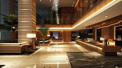 Aufkleber - Luxury modern lobby design showcasing elegant wood finishes and contemporary lighting in a high-rise building space