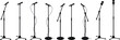 © WaQar - Microphones on counters and microphones and stands separately for design icon set. Vector silhouette clip arts. Retro and modern music sign, mic tool. Close-up microphone stand in small collection.