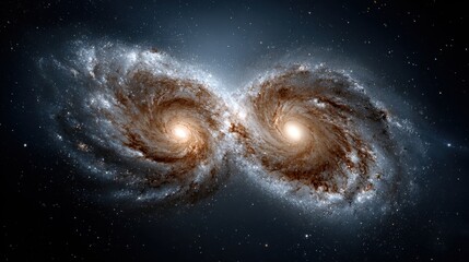 Wall Mural - two galaxies are merging in a beautiful cosmic display, their spiral arms intertwining amid a backdr