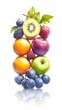 © hudan - A vibrant vertical arrangement of assorted fresh fruits, including kiwi, berries, grapes, apples, and oranges, displayed against a stark white background with a subtle reflection