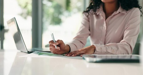 Poster - Hands, writing or businesswoman on laptop for document, account management or finance report. Graphs, auditor or accountant with paperwork for tax compliance, investment project or record keeping