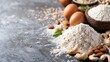 © Pinklife - A beautifully arranged collection of raw cooking ingredients including flour, eggs, and nuts, showcasing the essentials for baking and culinary adventures in the kitchen.