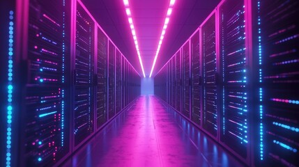 Aufkleber - Futuristic data center interior with glowing blue and pink lights reflecting on the floor, featuring rows of server racks under LED lights in a symmetrical, high-tech environment