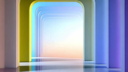 Aufkleber - Chromatic Pathways: An abstract corridor of archways in a spectrum of pastel colors, drawing the eye toward a gradient horizon. It's an invitation to a world of possibilities.