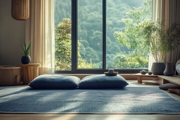 Poster - Bright spacious yoga studio featuring Buddha statue, light pillows, natural plants, and rattan lanterns creating zen atmosphere for mindful meditation in a calm place