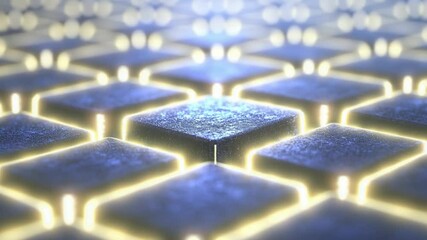 Poster - Futuristic tech grid: An abstract macro view of a sophisticated tech grid, with glowing yellow accents illuminating a pattern of interconnected squares, representing innovation.