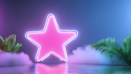 Aufkleber - Pink Neon Star Amidst the Haze: A captivating neon star is the focal point, casting a vibrant glow over the scene. The luminescent form is framed by lush greenery and subtle, dreamlike wisps of vapor.