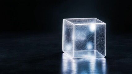 Aufkleber - Transparent Cube's Geometric Grace: A radiant, transparent cube is spotlighted, its form echoing simplicity and the intersection of light and shadow creating an exquisite, futuristic ambience.