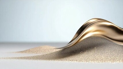 Poster - Golden Fluid Wave: A mesmerizing close-up showcases a smooth, shimmering gold wave gracefully cresting over a bed of textured sand, evoking a sense of luxury and fluidity.