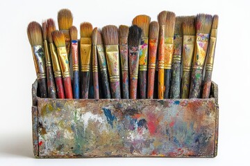 Poster - Row of used paint brushes with various colors and sizes on white background create vibrant and artistic effect