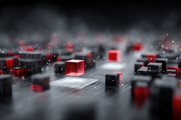 Wall Mural - abstract depiction of data grid with glowing cubes in black and red tones
