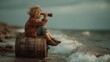 © Cristina - Curious child perched on a wooden barrel by the ocean, using a telescope to explore the horizon during a cloudy afternoon