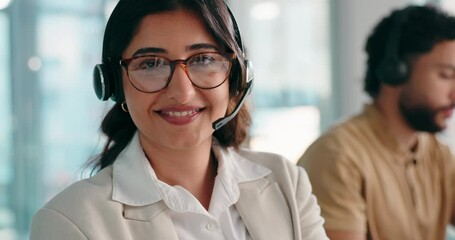 Poster - Call center, smile and face with business woman in office for sales consultant, advice and help desk. Feedback, contact us and b2b team with employees in communication agency for customer service